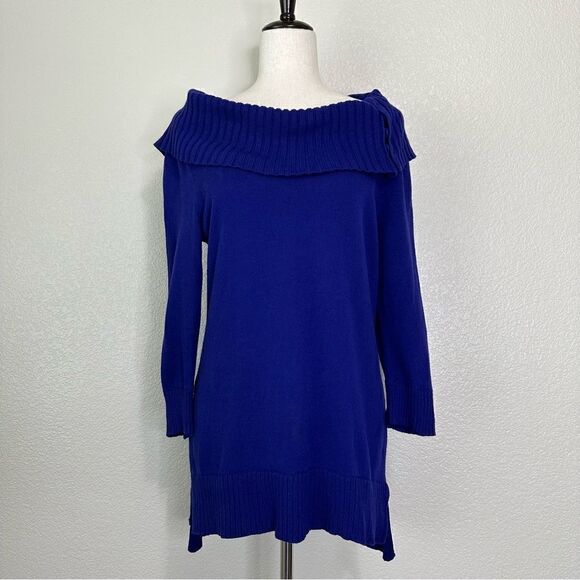 Chico’s Royal Blue Buttoned Boat Off Shoulder Neck Sweater - Picture 1 of 13